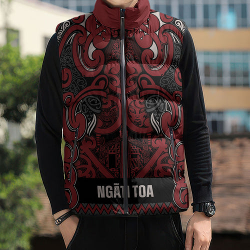 Aotearoa Iwi Ngati Toa Sleeveless Puffer Jacket Maori Wharenui House Tribal Pattern