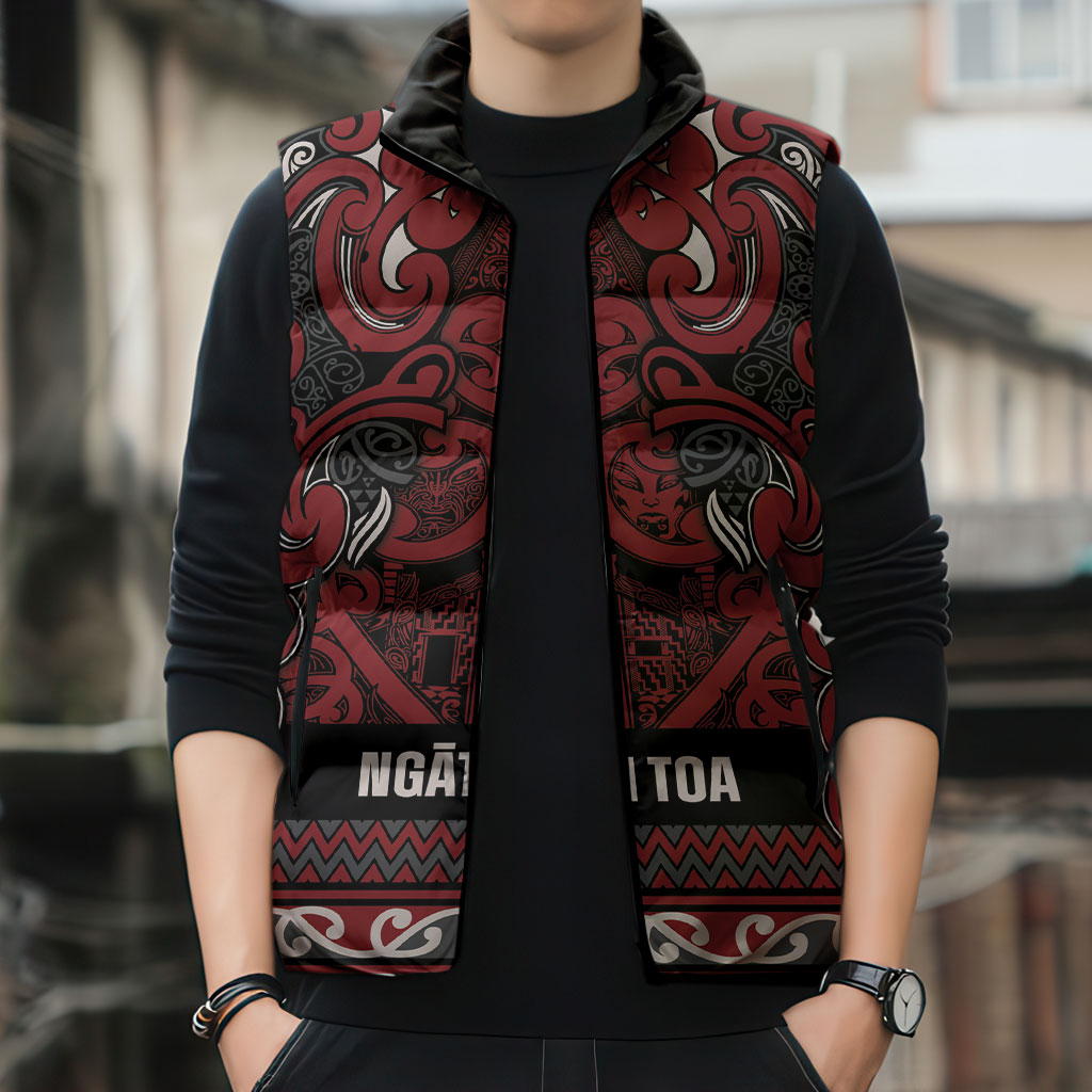 Aotearoa Iwi Ngati Toa Sleeveless Puffer Jacket Maori Wharenui House Tribal Pattern