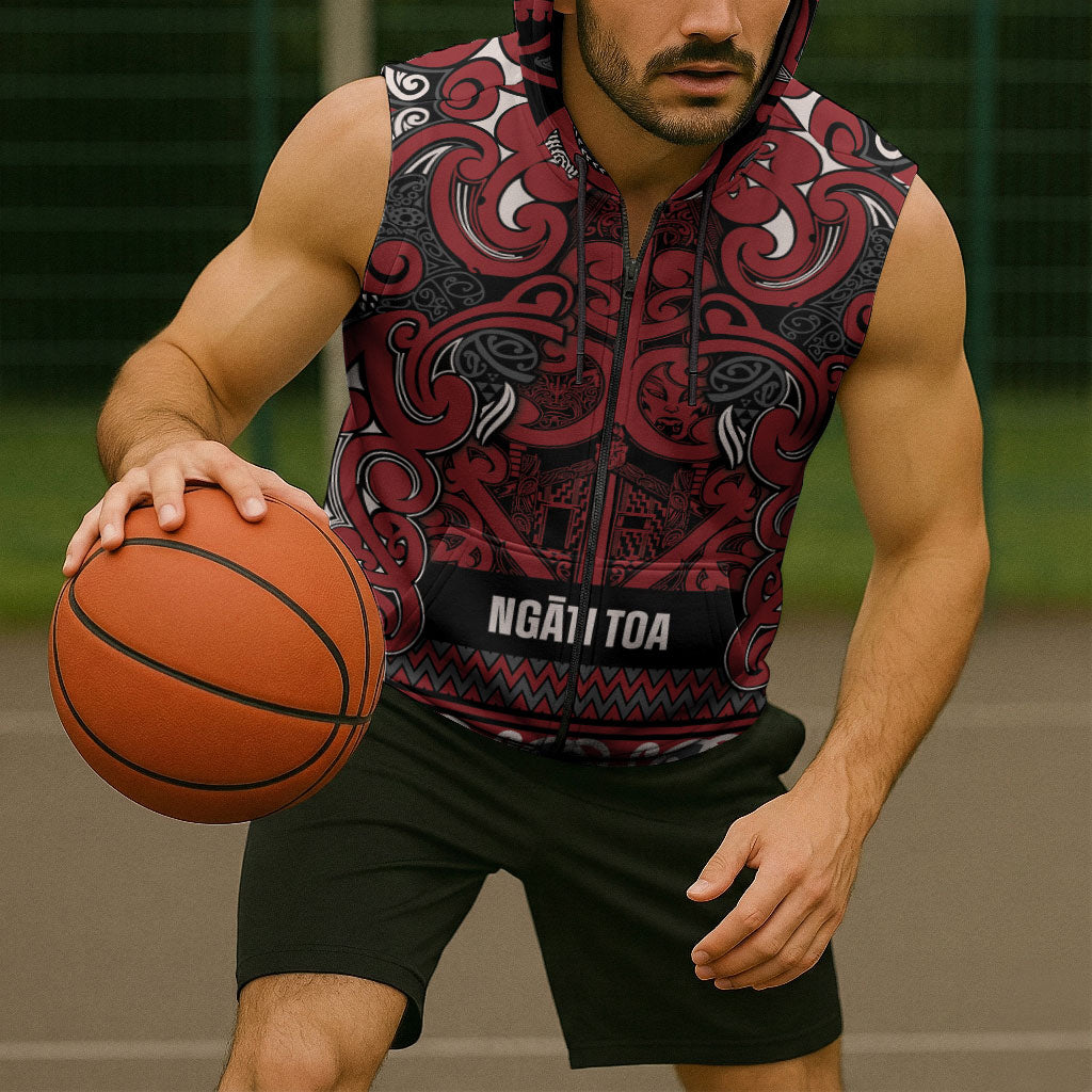 Aotearoa Iwi Ngati Toa Sleeveless Zip Hoodie Maori Wharenui House Tribal Pattern