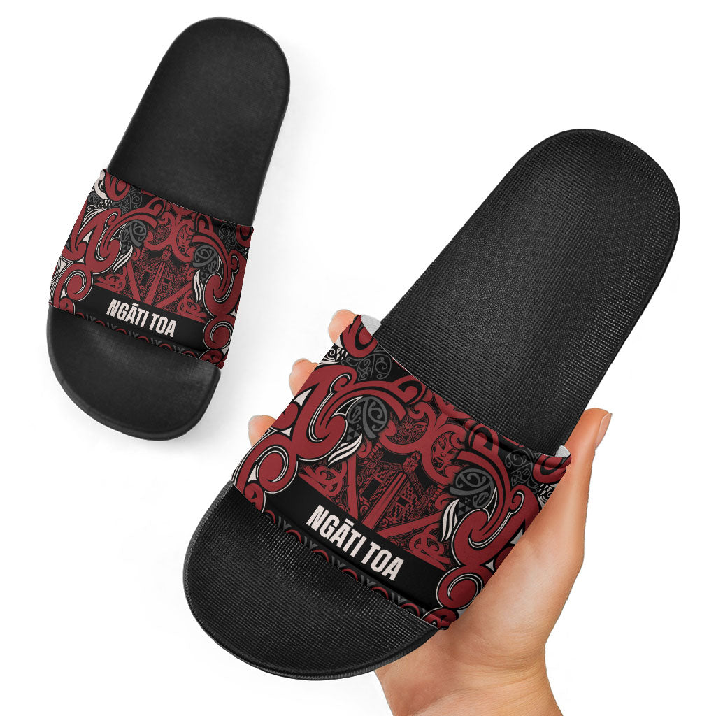 Aotearoa Iwi Ngati Toa Slide Sandals Maori Wharenui House Tribal Pattern