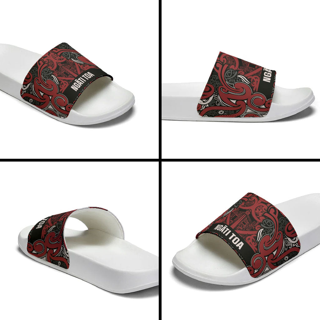 Aotearoa Iwi Ngati Toa Slide Sandals Maori Wharenui House Tribal Pattern