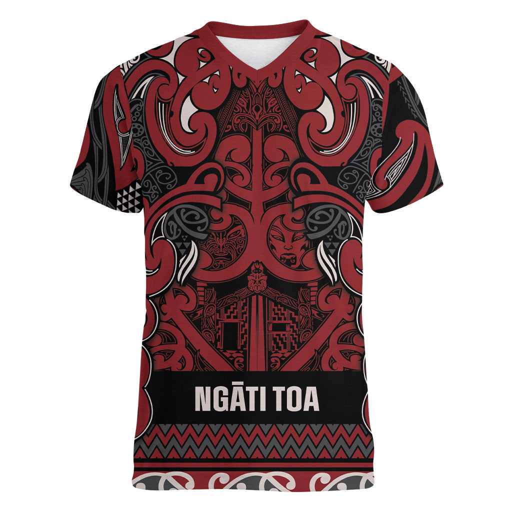 Aotearoa Iwi Ngati Toa Women V-Neck T-Shirt Maori Wharenui House Tribal Pattern