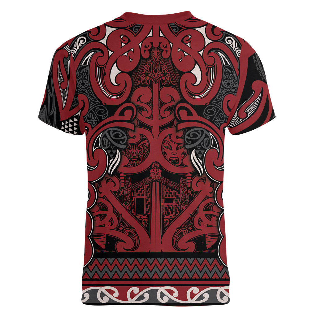 Aotearoa Iwi Ngati Toa Women V-Neck T-Shirt Maori Wharenui House Tribal Pattern
