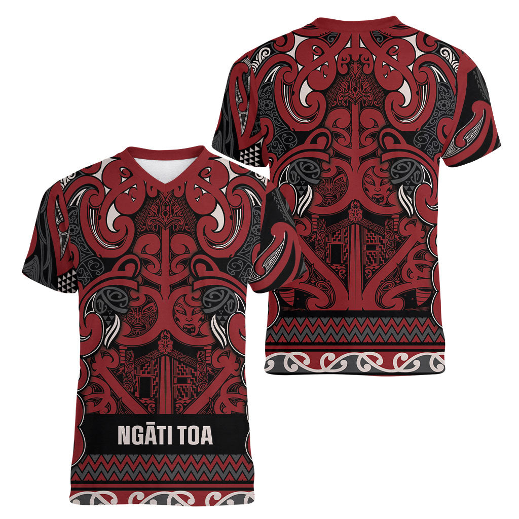 Aotearoa Iwi Ngati Toa Women V-Neck T-Shirt Maori Wharenui House Tribal Pattern
