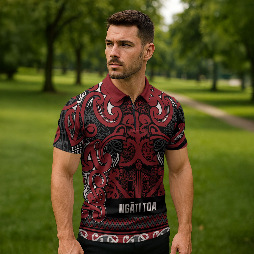 Aotearoa Iwi Ngati Toa Zipper Polo Shirt Maori Wharenui House Tribal Pattern