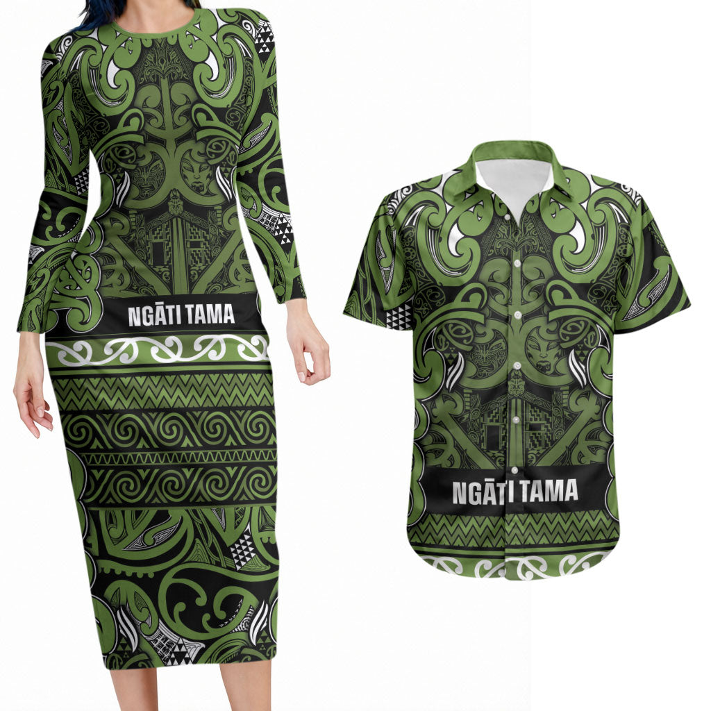 Aotearoa Iwi Ngāti Tama ki Taranaki Trust Couples Matching Long Sleeve Bodycon Dress and Hawaiian Shirt Maori Wharenui House Tribal Pattern