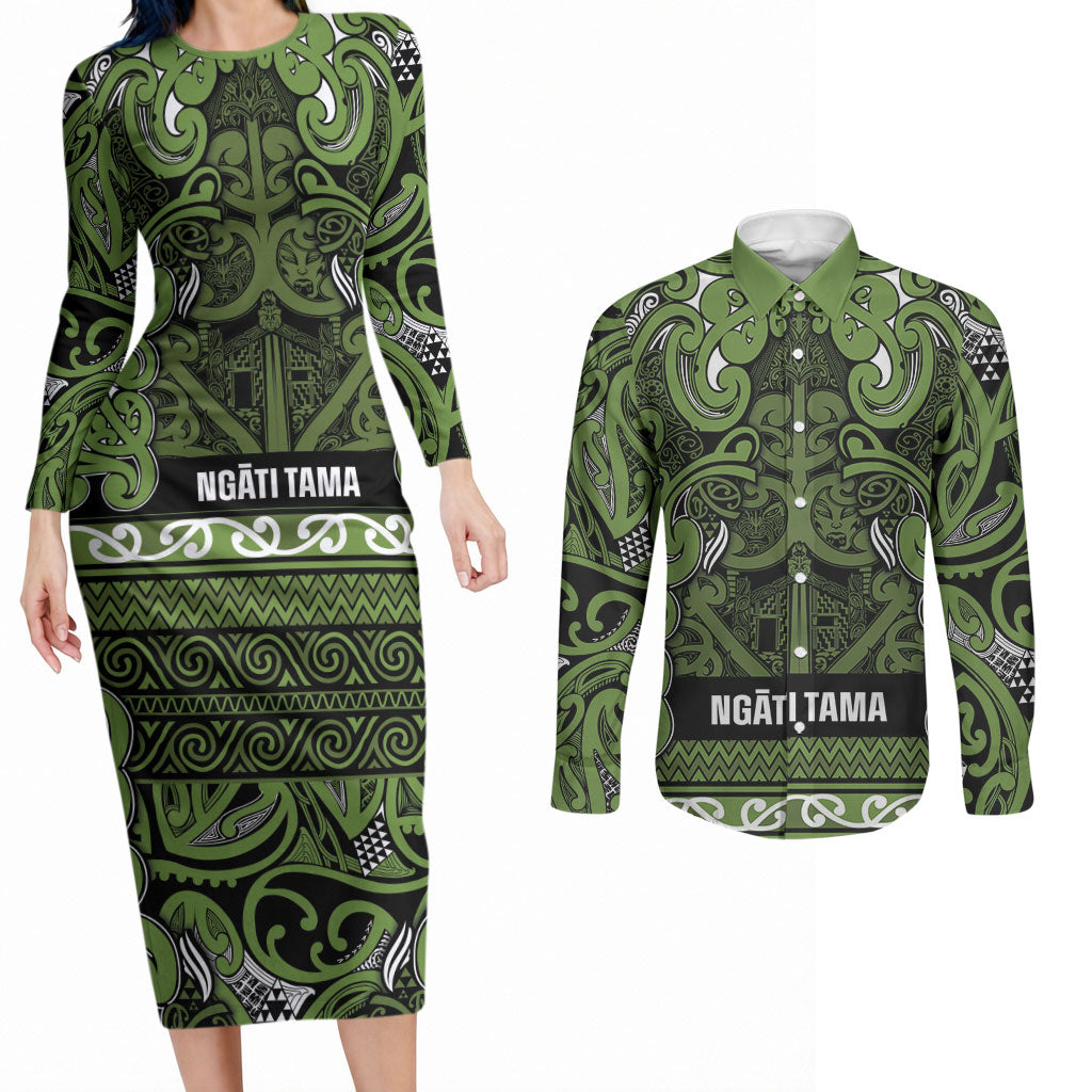 Aotearoa Iwi Ngāti Tama ki Taranaki Trust Couples Matching Long Sleeve Bodycon Dress and Long Sleeve Button Shirt Maori Wharenui House Tribal Pattern