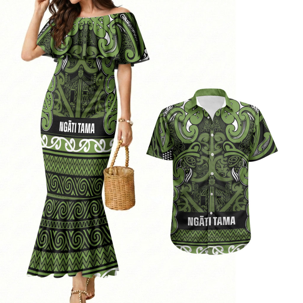 Aotearoa Iwi Ngāti Tama ki Taranaki Trust Couples Matching Mermaid Dress and Hawaiian Shirt Maori Wharenui House Tribal Pattern