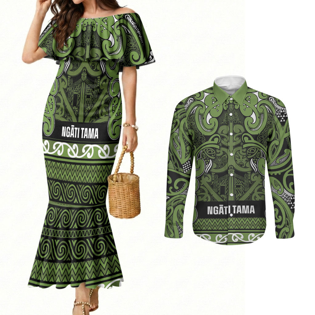 Aotearoa Iwi Ngāti Tama ki Taranaki Trust Couples Matching Mermaid Dress and Long Sleeve Button Shirt Maori Wharenui House Tribal Pattern