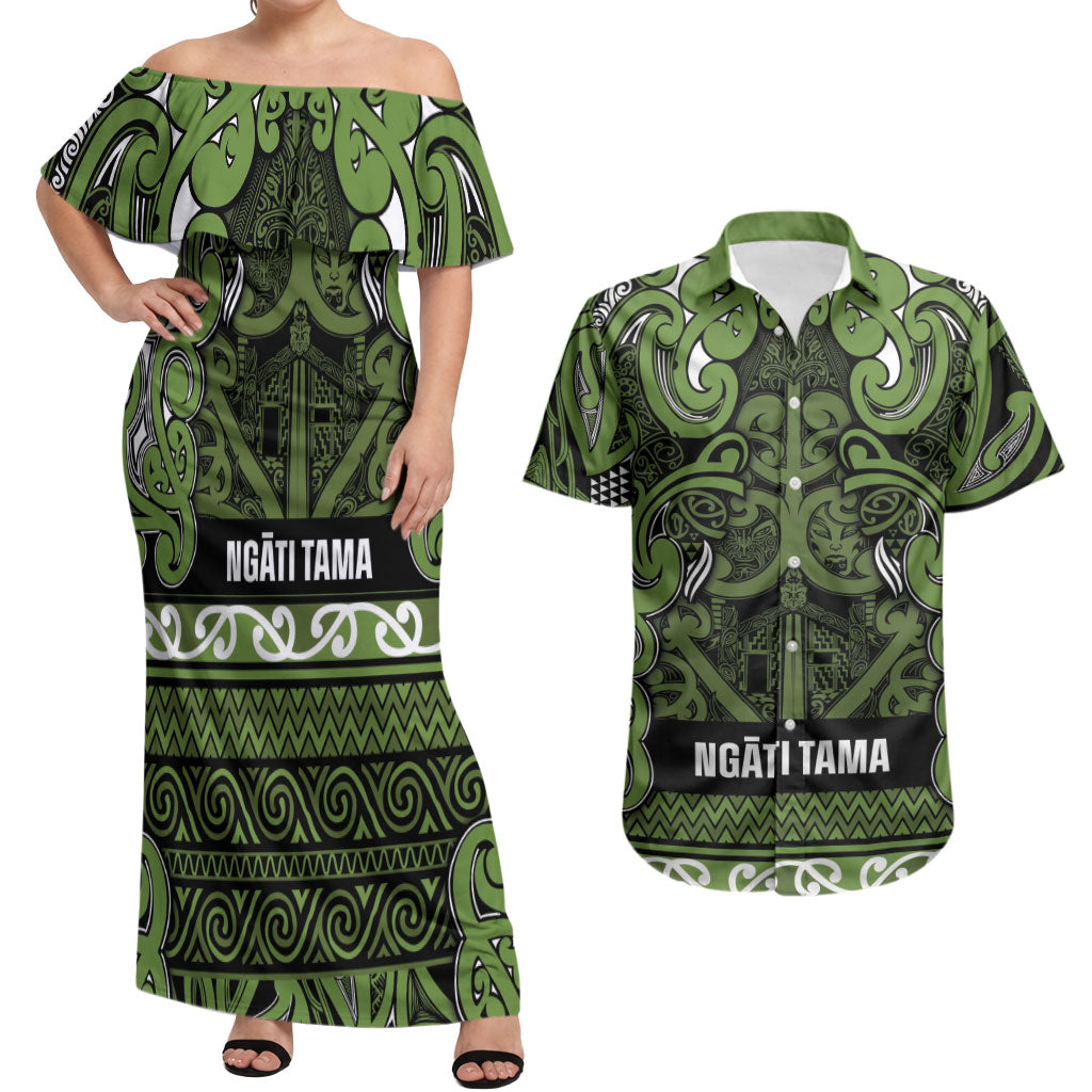 Aotearoa Iwi Ngāti Tama ki Taranaki Trust Couples Matching Off Shoulder Maxi Dress and Hawaiian Shirt Maori Wharenui House Tribal Pattern