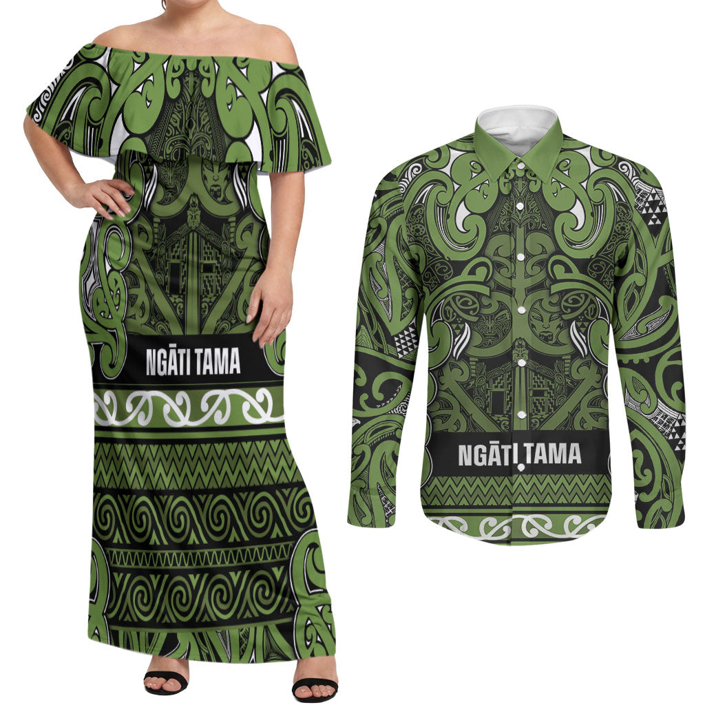 Aotearoa Iwi Ngāti Tama ki Taranaki Trust Couples Matching Off Shoulder Maxi Dress and Long Sleeve Button Shirt Maori Wharenui House Tribal Pattern