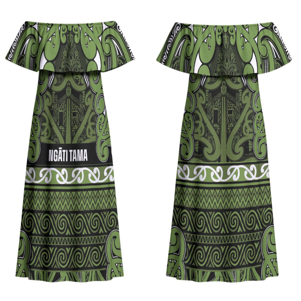 Aotearoa Iwi Ngāti Tama ki Taranaki Trust Couples Matching Off Shoulder Maxi Dress and Long Sleeve Button Shirt Maori Wharenui House Tribal Pattern