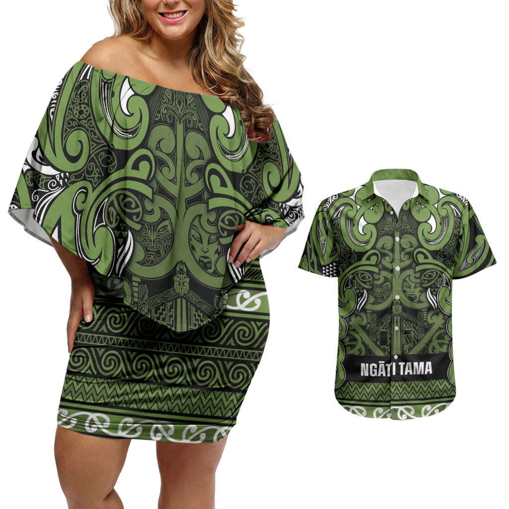 Aotearoa Iwi Ngāti Tama ki Taranaki Trust Couples Matching Off Shoulder Short Dress and Hawaiian Shirt Maori Wharenui House Tribal Pattern