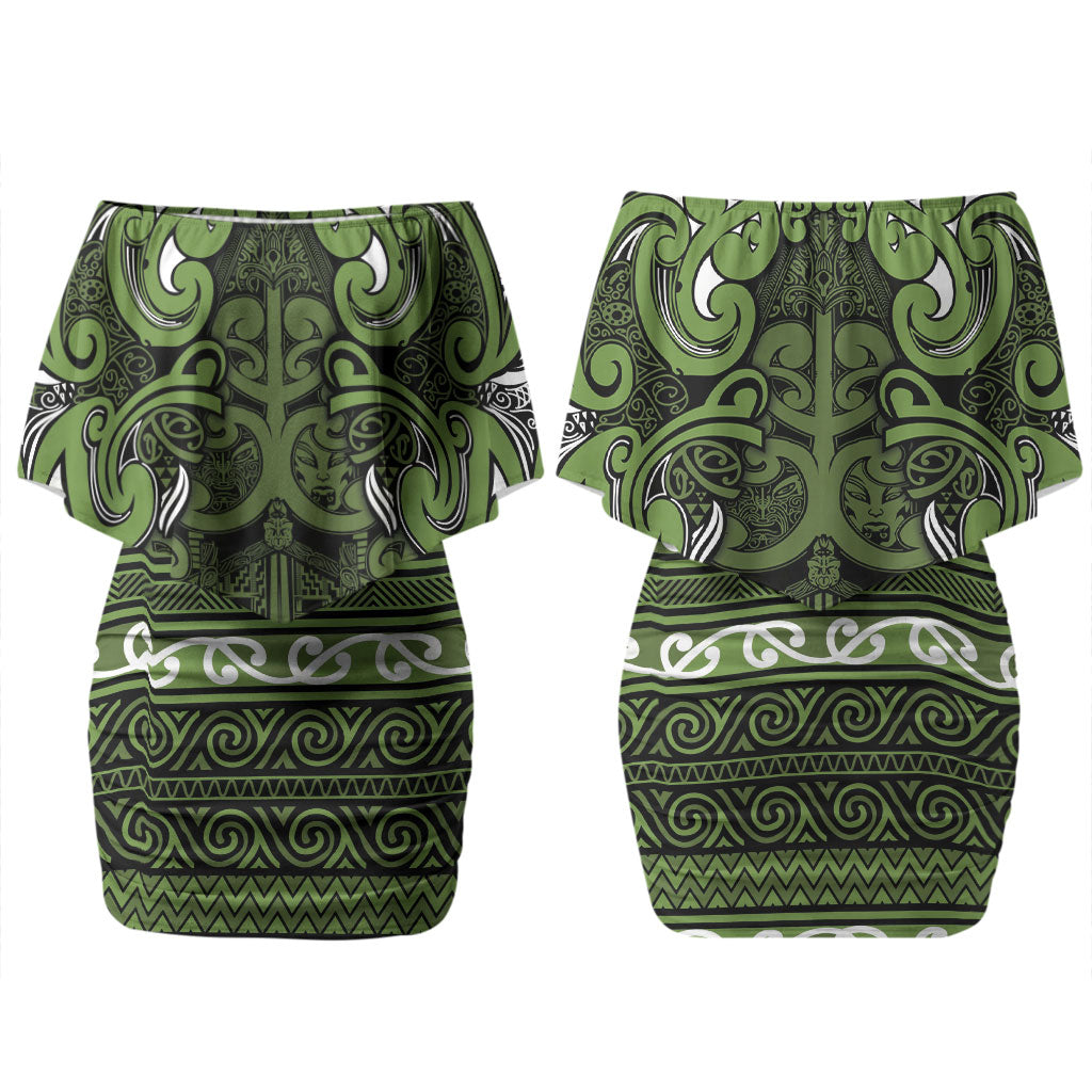 Aotearoa Iwi Ngāti Tama ki Taranaki Trust Couples Matching Off Shoulder Short Dress and Hawaiian Shirt Maori Wharenui House Tribal Pattern