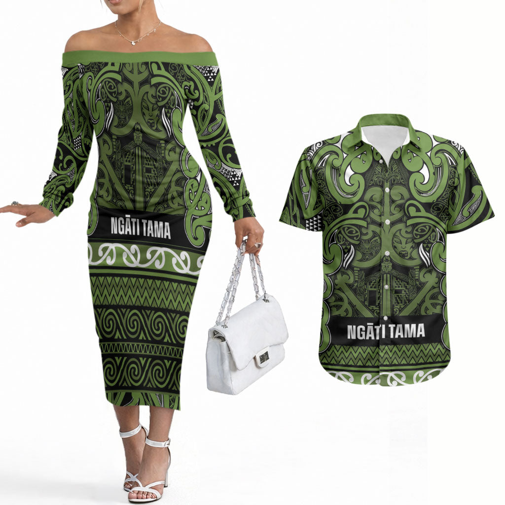 Aotearoa Iwi Ngāti Tama ki Taranaki Trust Couples Matching Off The Shoulder Long Sleeve Dress and Hawaiian Shirt Maori Wharenui House Tribal Pattern