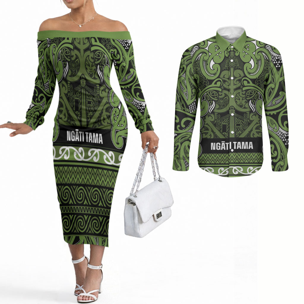 Aotearoa Iwi Ngāti Tama ki Taranaki Trust Couples Matching Off The Shoulder Long Sleeve Dress and Long Sleeve Button Shirt Maori Wharenui House Tribal Pattern