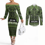 Aotearoa Iwi Ngāti Tama ki Taranaki Trust Couples Matching Off The Shoulder Long Sleeve Dress and Long Sleeve Button Shirt Maori Wharenui House Tribal Pattern