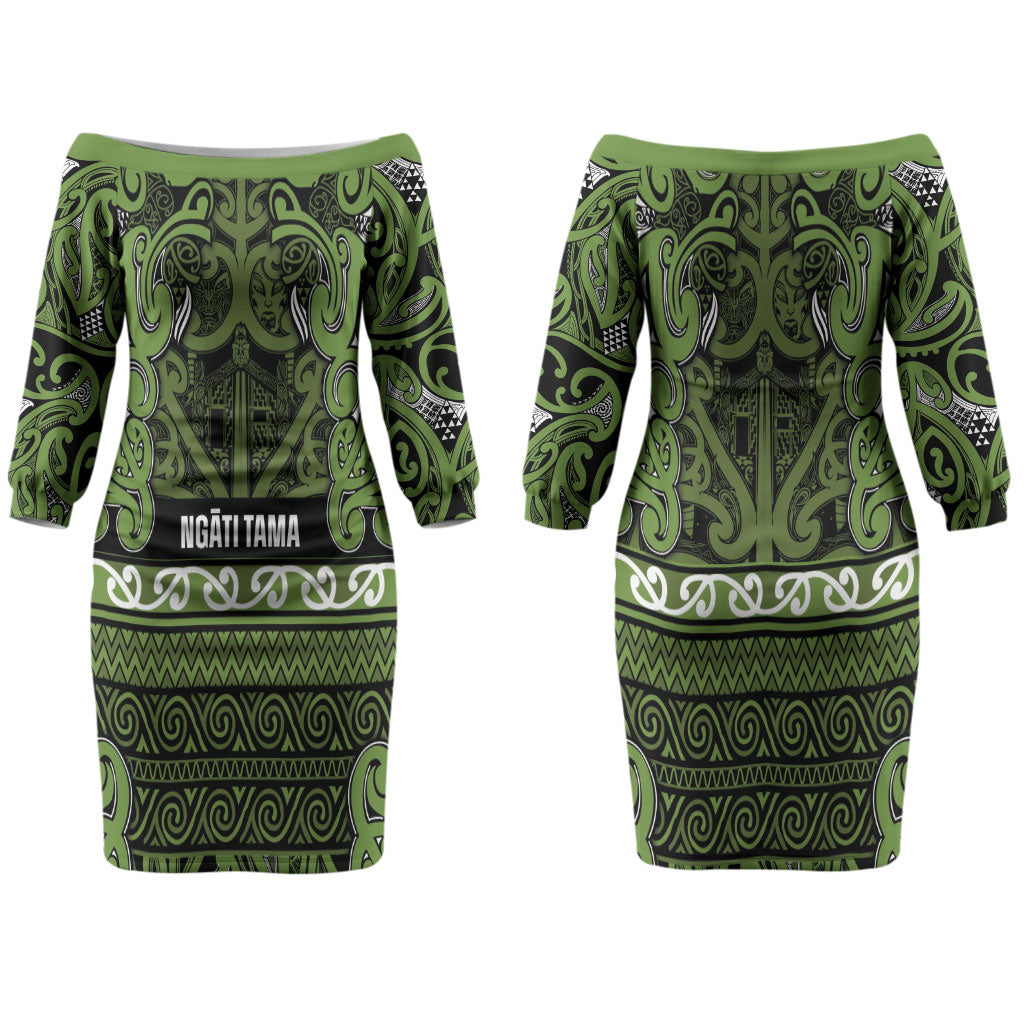Aotearoa Iwi Ngāti Tama ki Taranaki Trust Couples Matching Off The Shoulder Long Sleeve Dress and Long Sleeve Button Shirt Maori Wharenui House Tribal Pattern