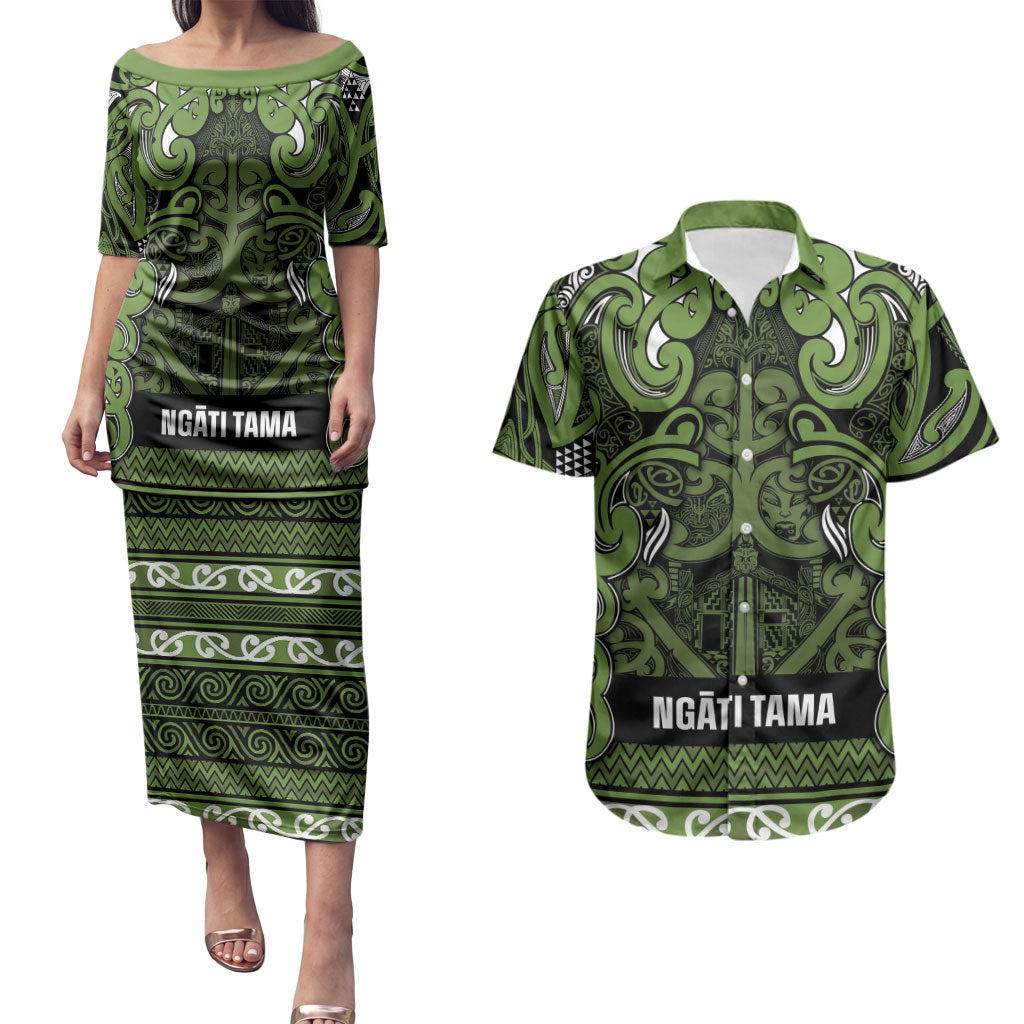 Aotearoa Iwi Ngāti Tama ki Taranaki Trust Couples Matching Puletasi and Hawaiian Shirt Maori Wharenui House Tribal Pattern