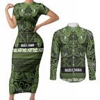 Aotearoa Iwi Ngāti Tama ki Taranaki Trust Couples Matching Short Sleeve Bodycon Dress and Long Sleeve Button Shirt Maori Wharenui House Tribal Pattern