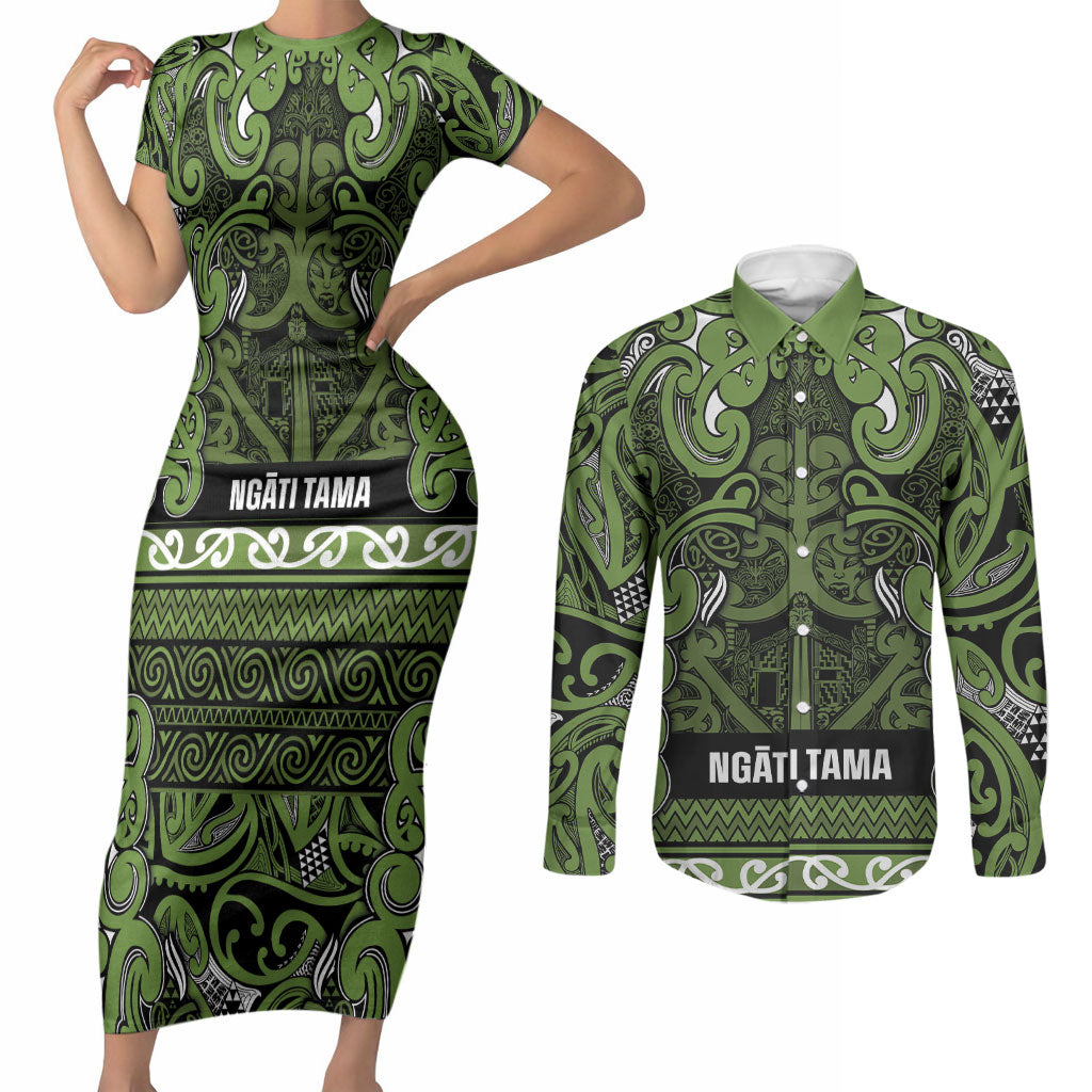 Aotearoa Iwi Ngāti Tama ki Taranaki Trust Couples Matching Short Sleeve Bodycon Dress and Long Sleeve Button Shirt Maori Wharenui House Tribal Pattern