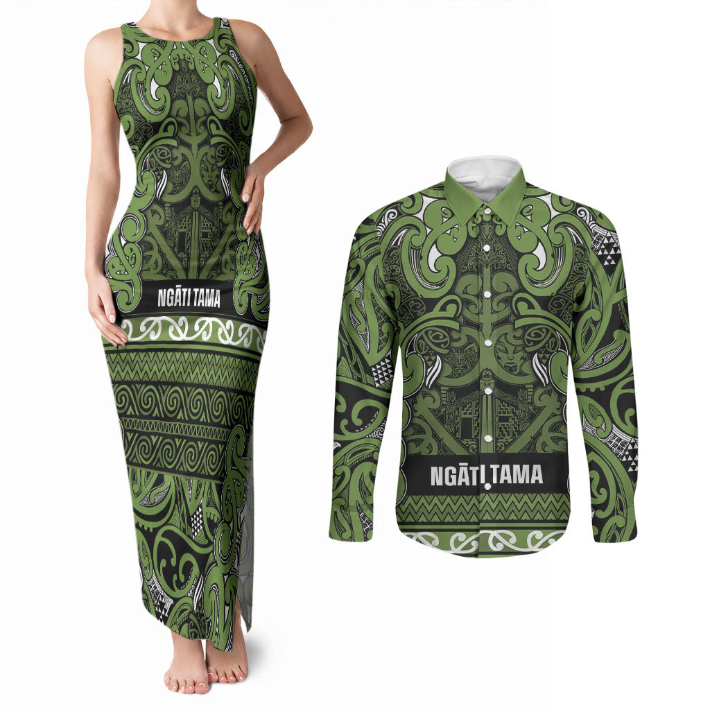 Aotearoa Iwi Ngāti Tama ki Taranaki Trust Couples Matching Tank Maxi Dress and Long Sleeve Button Shirt Maori Wharenui House Tribal Pattern