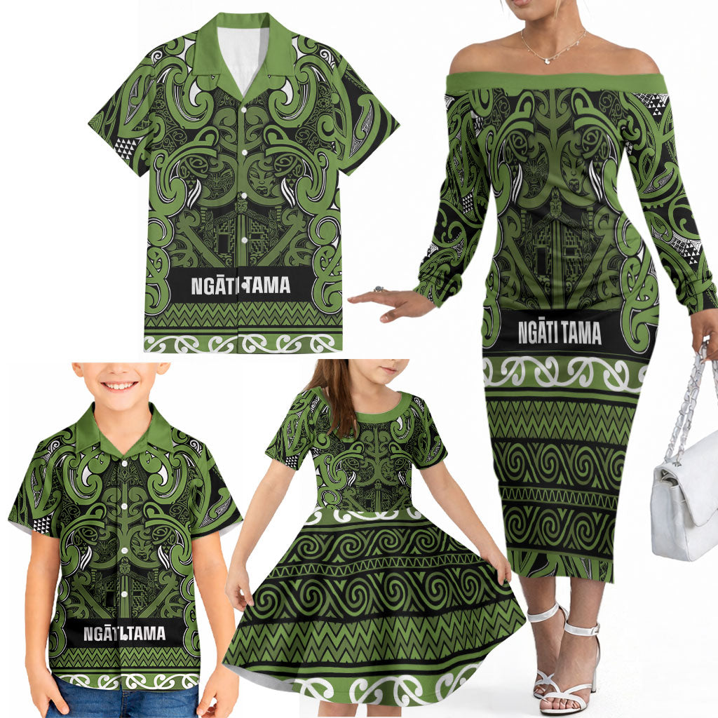 Aotearoa Iwi Ngāti Tama ki Taranaki Trust Family Matching Off The Shoulder Long Sleeve Dress and Hawaiian Shirt Maori Wharenui House Tribal Pattern