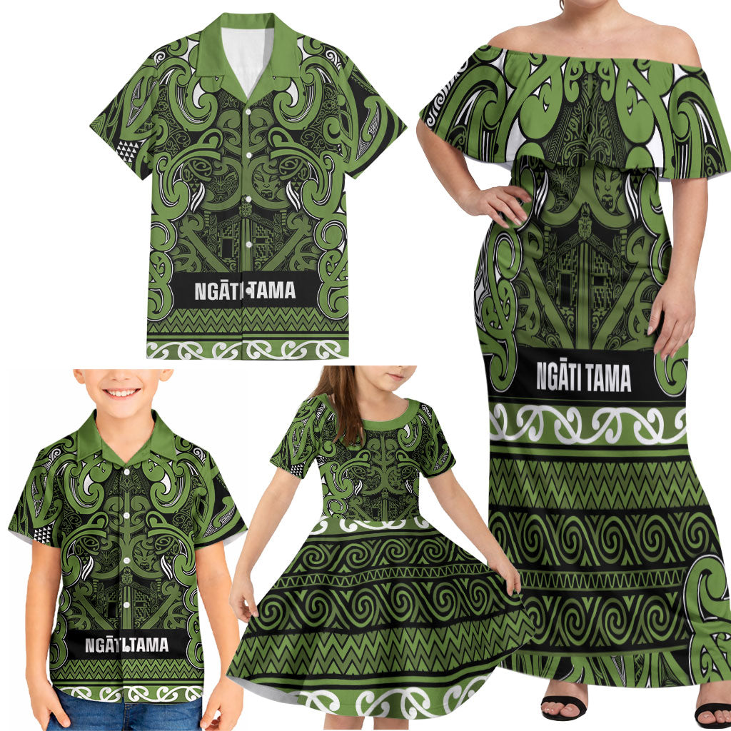 Aotearoa Iwi Ngāti Tama ki Taranaki Trust Family Matching Off Shoulder Maxi Dress and Hawaiian Shirt Maori Wharenui House Tribal Pattern