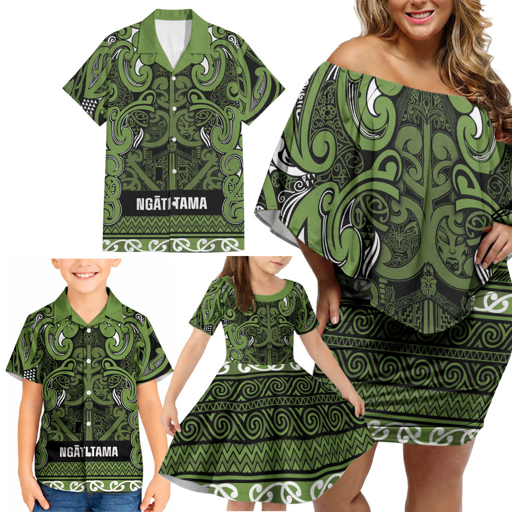 Aotearoa Iwi Ngāti Tama ki Taranaki Trust Family Matching Off Shoulder Short Dress and Hawaiian Shirt Maori Wharenui House Tribal Pattern