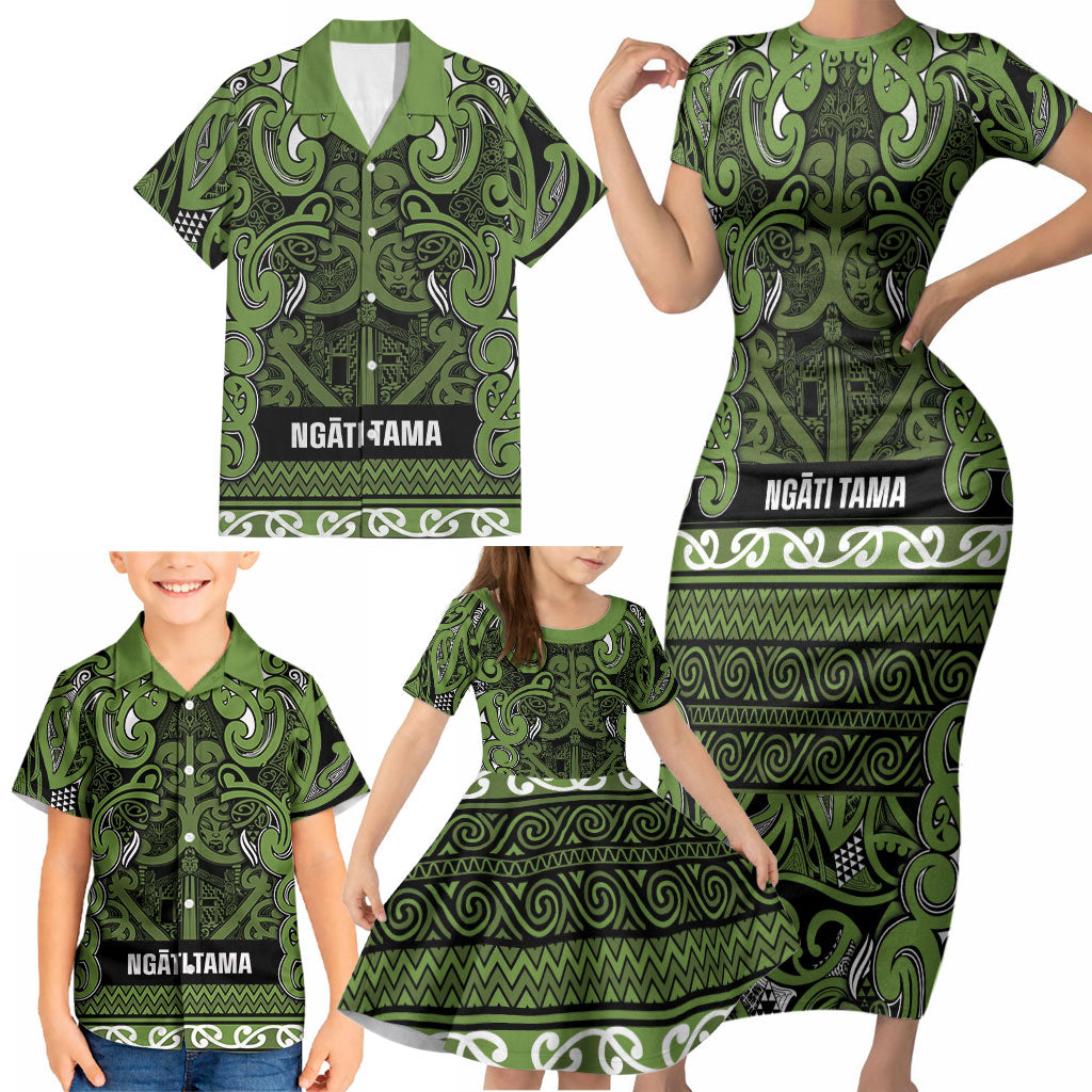 Aotearoa Iwi Ngāti Tama ki Taranaki Trust Family Matching Short Sleeve Bodycon Dress and Hawaiian Shirt Maori Wharenui House Tribal Pattern