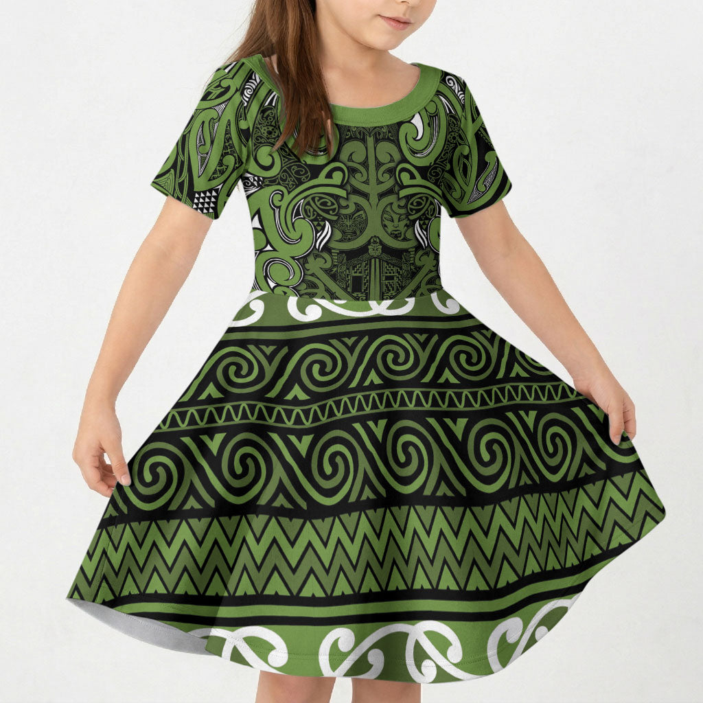 Aotearoa Iwi Ngāti Tama ki Taranaki Trust Kid Short Sleeve Dress Maori Wharenui House Tribal Pattern