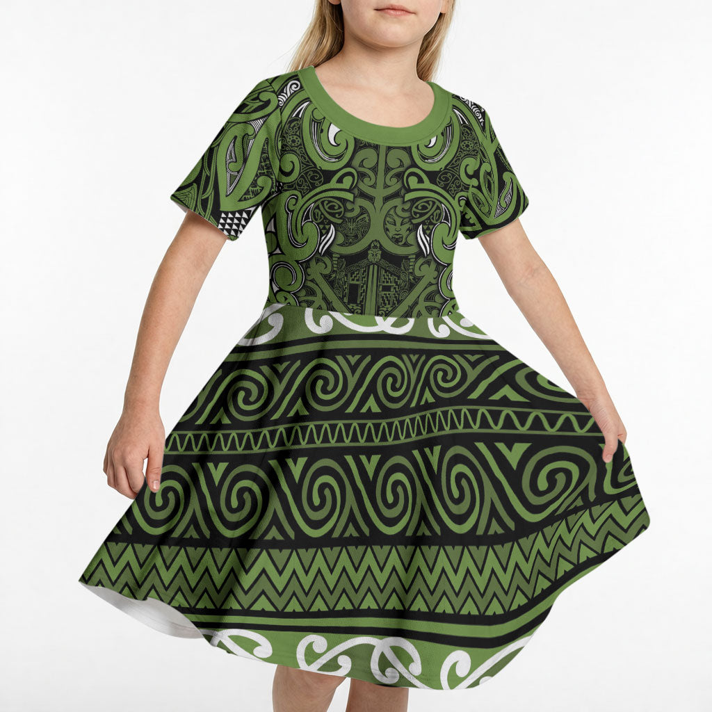 Aotearoa Iwi Ngāti Tama ki Taranaki Trust Kid Short Sleeve Dress Maori Wharenui House Tribal Pattern
