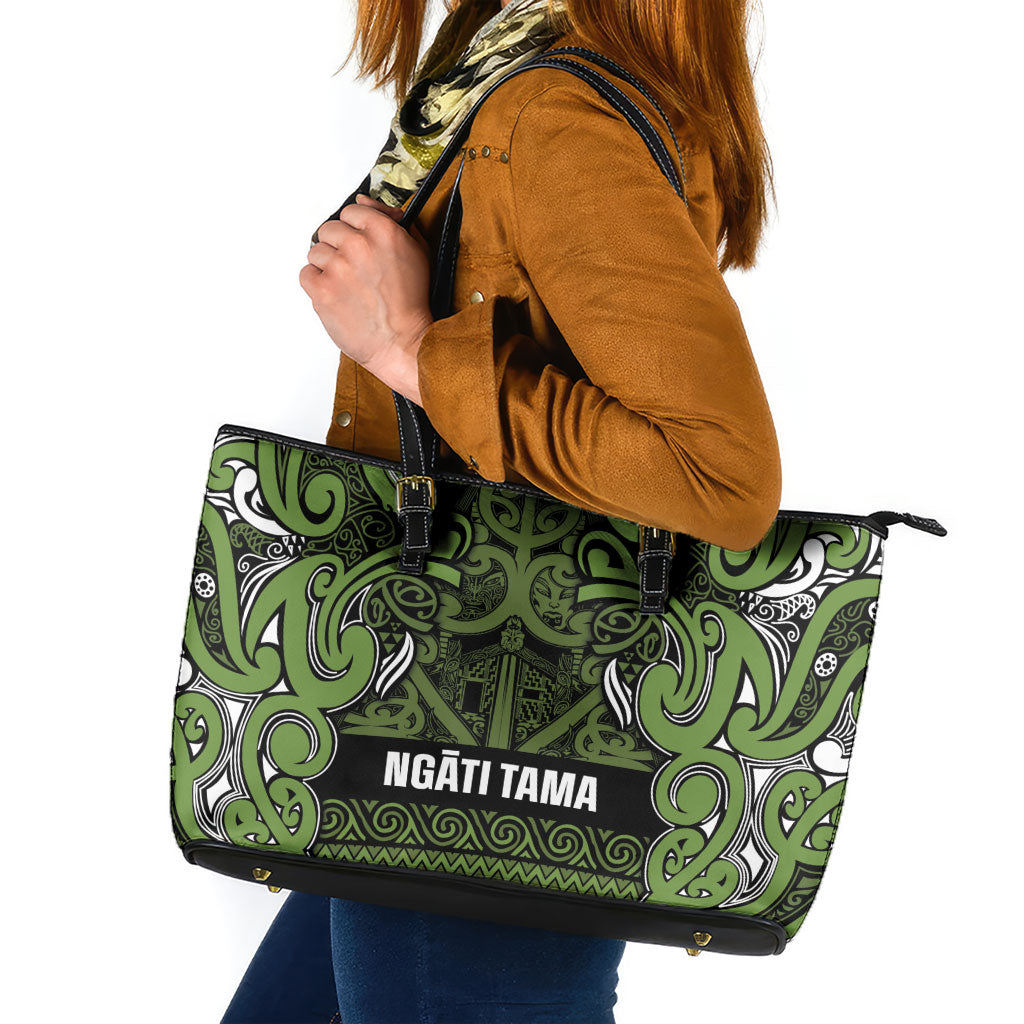 Aotearoa Iwi Ngāti Tama ki Taranaki Trust Leather Tote Bag Maori Wharenui House Tribal Pattern