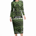 Aotearoa Iwi Ngāti Tama ki Taranaki Trust Long Sleeve Bodycon Dress Maori Wharenui House Tribal Pattern