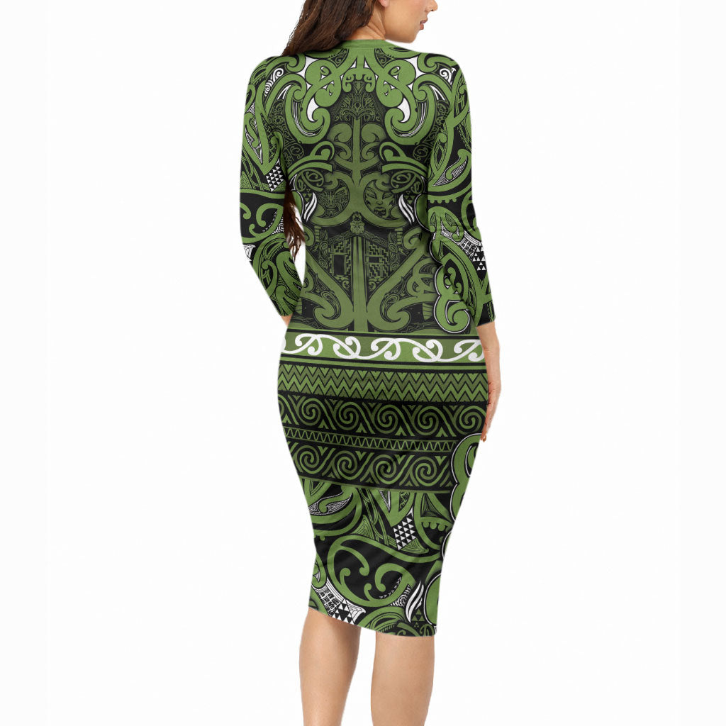Aotearoa Iwi Ngāti Tama ki Taranaki Trust Long Sleeve Bodycon Dress Maori Wharenui House Tribal Pattern