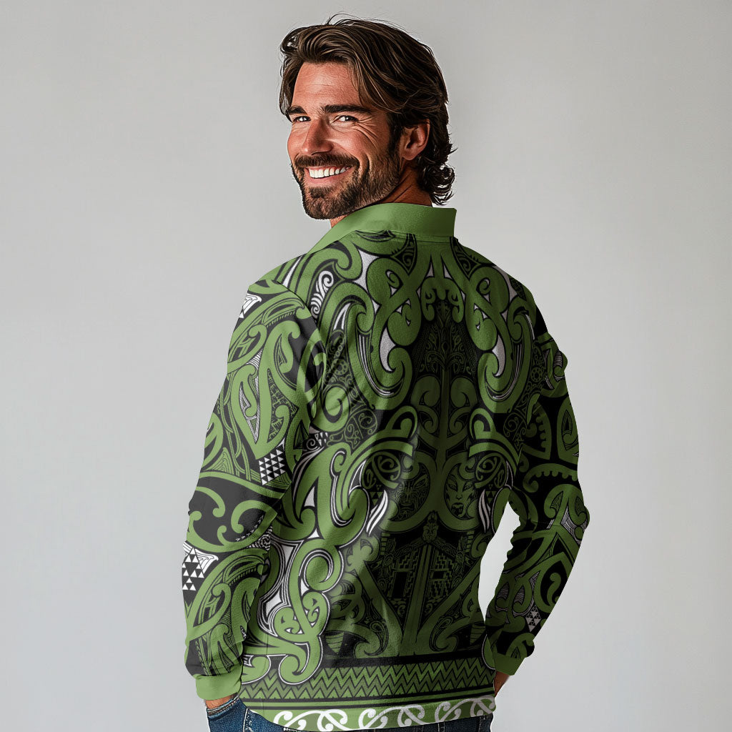 Aotearoa Iwi Ngāti Tama ki Taranaki Trust Long Sleeve Polo Shirt Maori Wharenui House Tribal Pattern