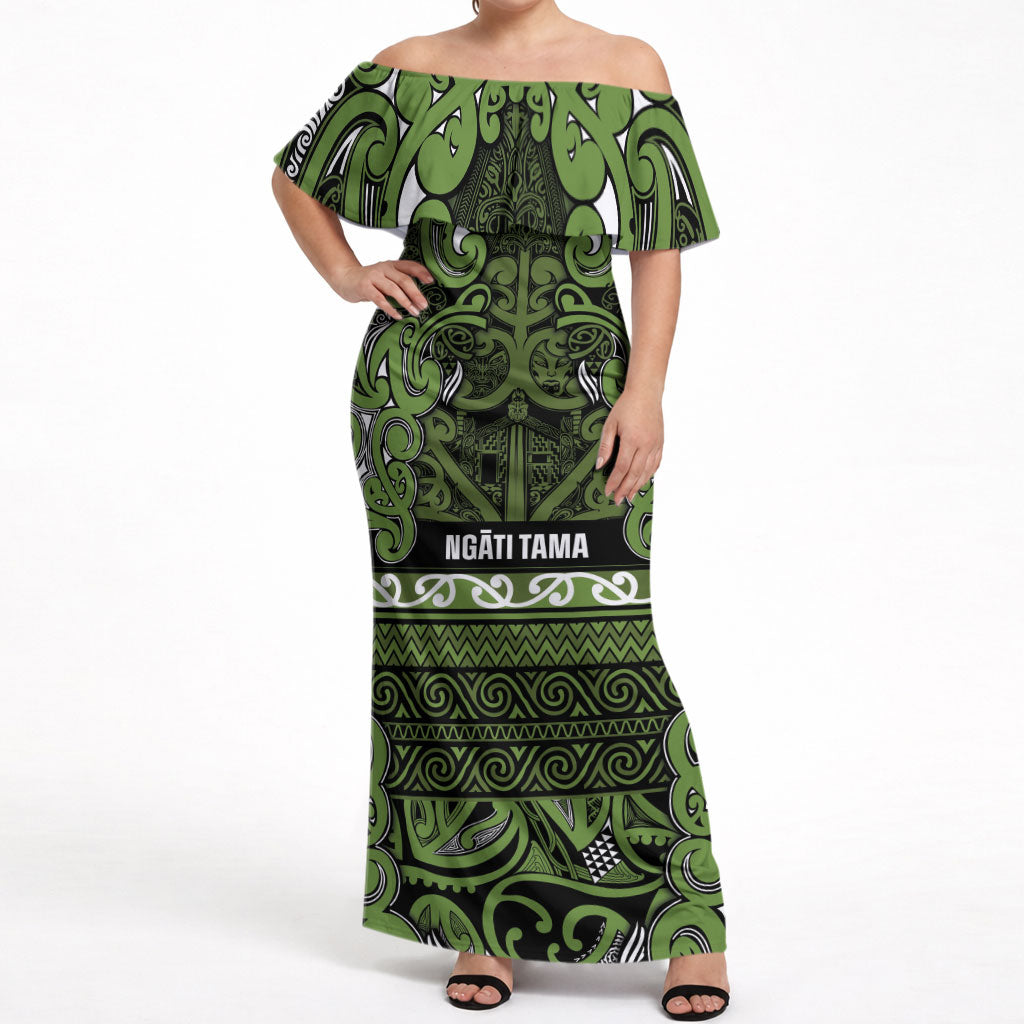Aotearoa Iwi Ngāti Tama ki Taranaki Trust Off Shoulder Maxi Dress Maori Wharenui House Tribal Pattern