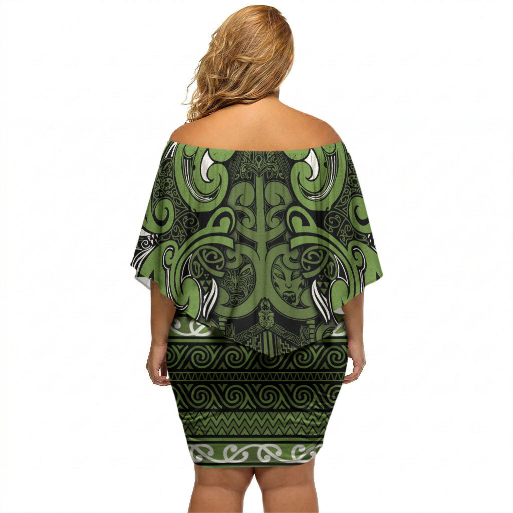 Aotearoa Iwi Ngāti Tama ki Taranaki Trust Off Shoulder Short Dress Maori Wharenui House Tribal Pattern