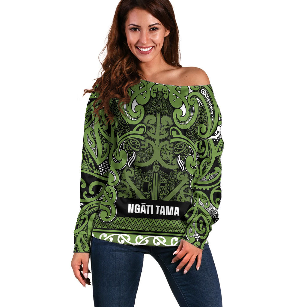 Aotearoa Iwi Ngāti Tama ki Taranaki Trust Off Shoulder Sweater Maori Wharenui House Tribal Pattern