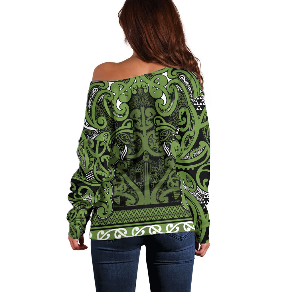 Aotearoa Iwi Ngāti Tama ki Taranaki Trust Off Shoulder Sweater Maori Wharenui House Tribal Pattern