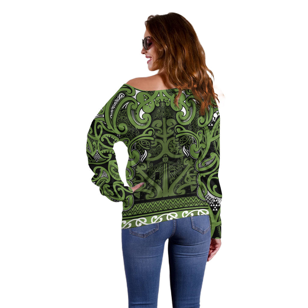 Aotearoa Iwi Ngāti Tama ki Taranaki Trust Off Shoulder Sweater Maori Wharenui House Tribal Pattern