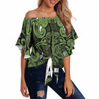 Aotearoa Iwi Ngāti Tama ki Taranaki Trust Off Shoulder Wrap Waist Top Maori Wharenui House Tribal Pattern