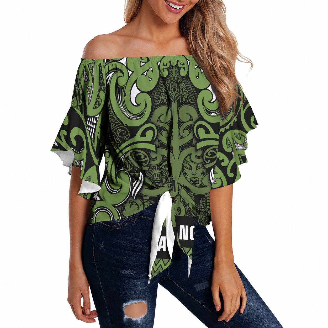 Aotearoa Iwi Ngāti Tama ki Taranaki Trust Off Shoulder Wrap Waist Top Maori Wharenui House Tribal Pattern
