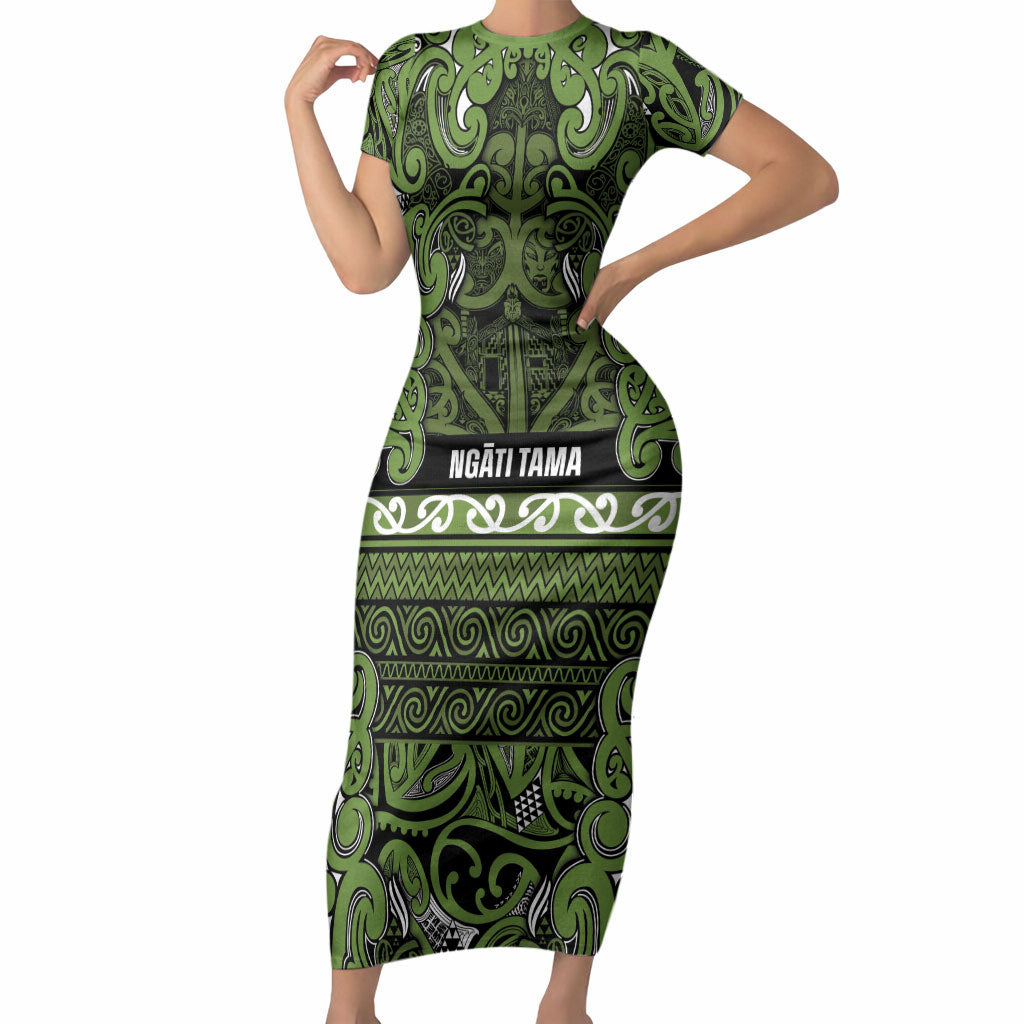 Aotearoa Iwi Ngāti Tama ki Taranaki Trust Short Sleeve Bodycon Dress Maori Wharenui House Tribal Pattern