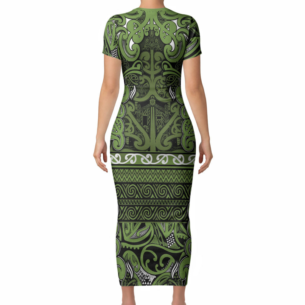 Aotearoa Iwi Ngāti Tama ki Taranaki Trust Short Sleeve Bodycon Dress Maori Wharenui House Tribal Pattern