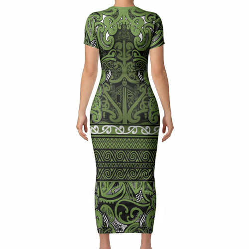 Aotearoa Iwi Ngāti Tama ki Taranaki Trust Short Sleeve Bodycon Dress Maori Wharenui House Tribal Pattern