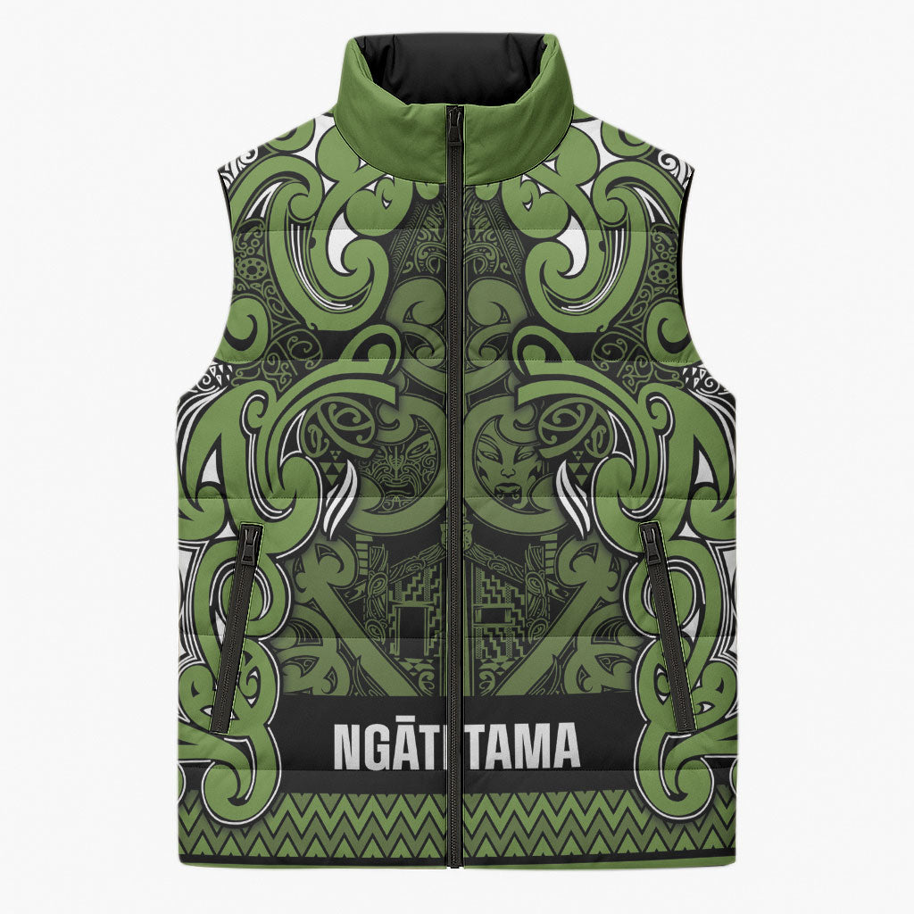 Aotearoa Iwi Ngāti Tama ki Taranaki Trust Sleeveless Puffer Jacket Maori Wharenui House Tribal Pattern