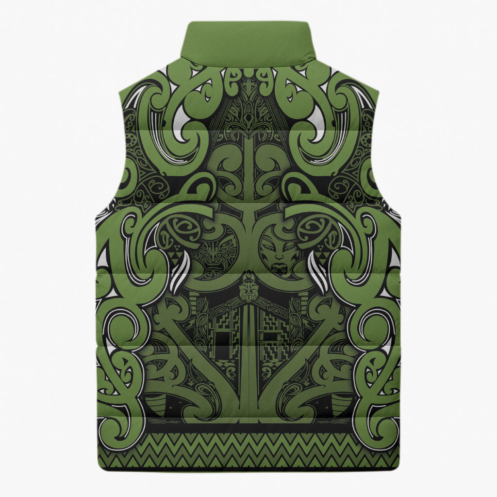 Aotearoa Iwi Ngāti Tama ki Taranaki Trust Sleeveless Puffer Jacket Maori Wharenui House Tribal Pattern