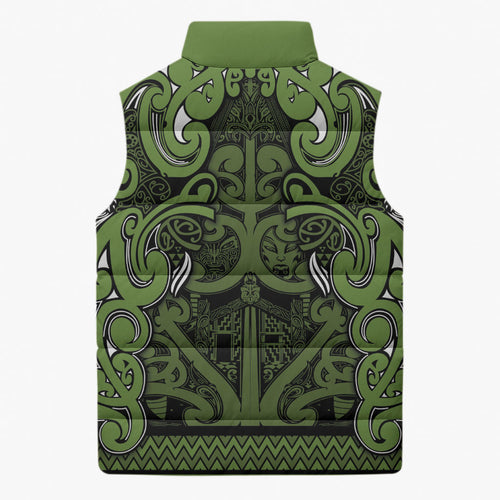 Aotearoa Iwi Ngāti Tama ki Taranaki Trust Sleeveless Puffer Jacket Maori Wharenui House Tribal Pattern