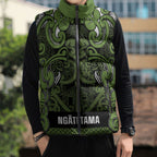 Aotearoa Iwi Ngāti Tama ki Taranaki Trust Sleeveless Puffer Jacket Maori Wharenui House Tribal Pattern